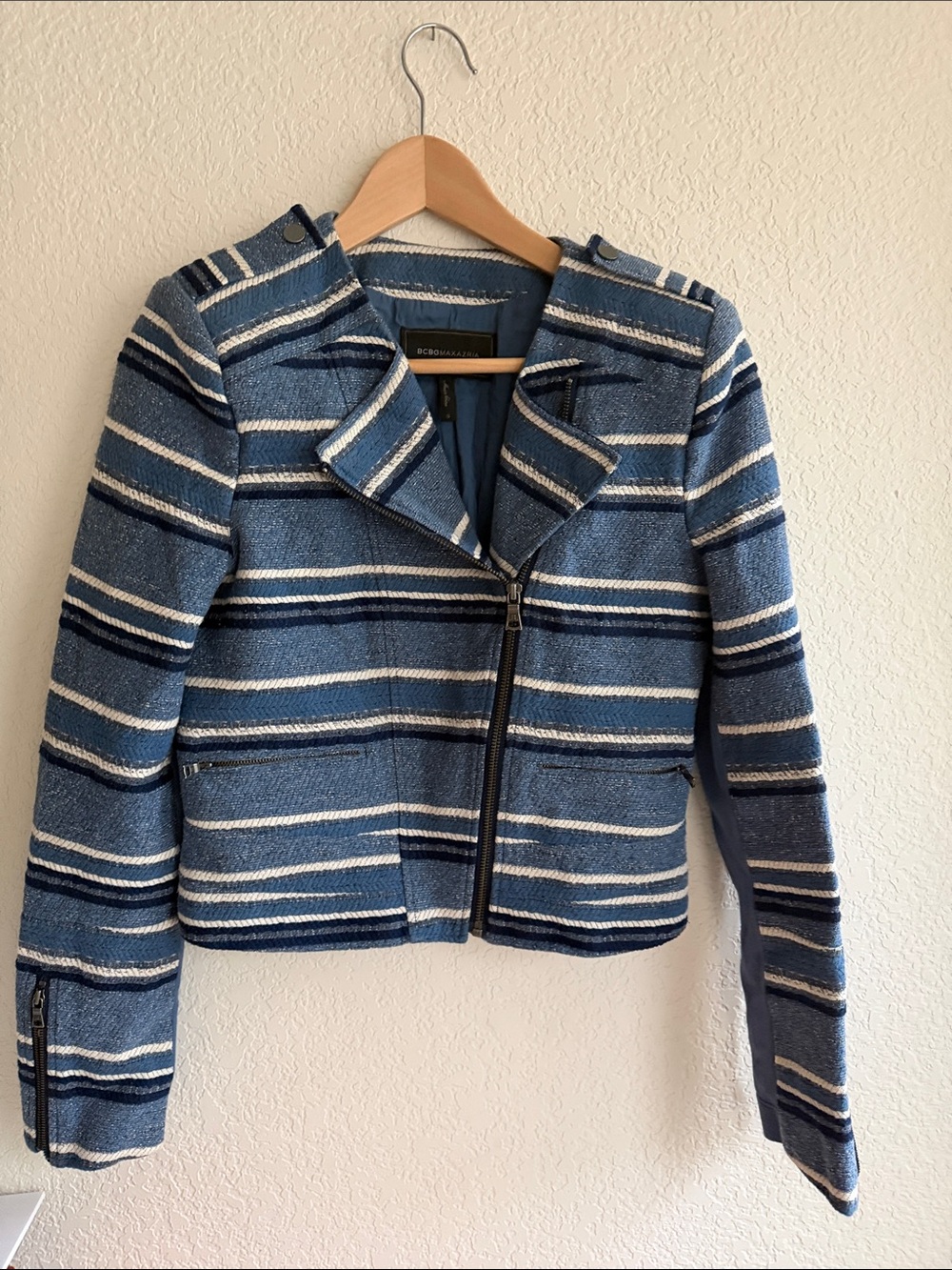 BCBGMAXAZRIA Blue Striped Tweed Moto Jacket